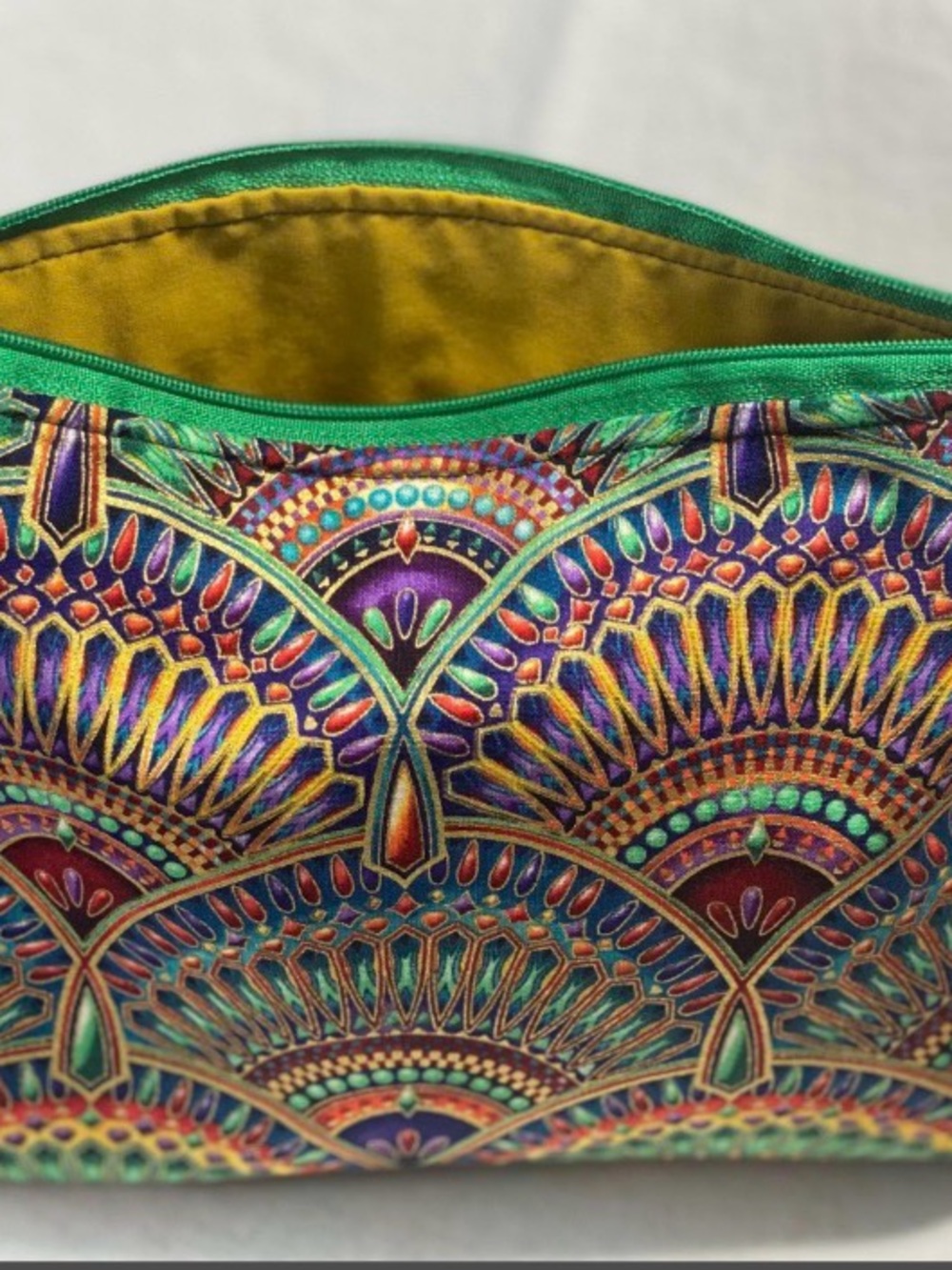 Multicolor Fan-Pattern Cosmetic Pouch with Green Trim